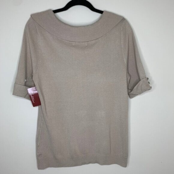 Tradition Women's Cowl Neck Sweater Top 3/4 Length Sleeve Stretch Taupe y2k - Picture 16 of 16